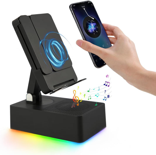 Wireless Induction Bluetooth Speaker, 5-In-1 Foldable Phone Holder, 1500Mah Emergency Charging, Colorful LED Ambient Light, Tech Gadgets Gifts for Men Women, for Iphone Android Tablet, Black
