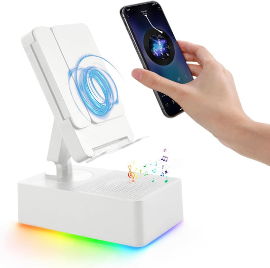 Wireless Induction Bluetooth Speaker, 5-In-1 Foldable Phone Holder, 1500Mah Emergency Charging, Colorful LED Ambient Light, Tech Gadgets Gifts for Men Women, for Iphone Android Tablet, Ivory