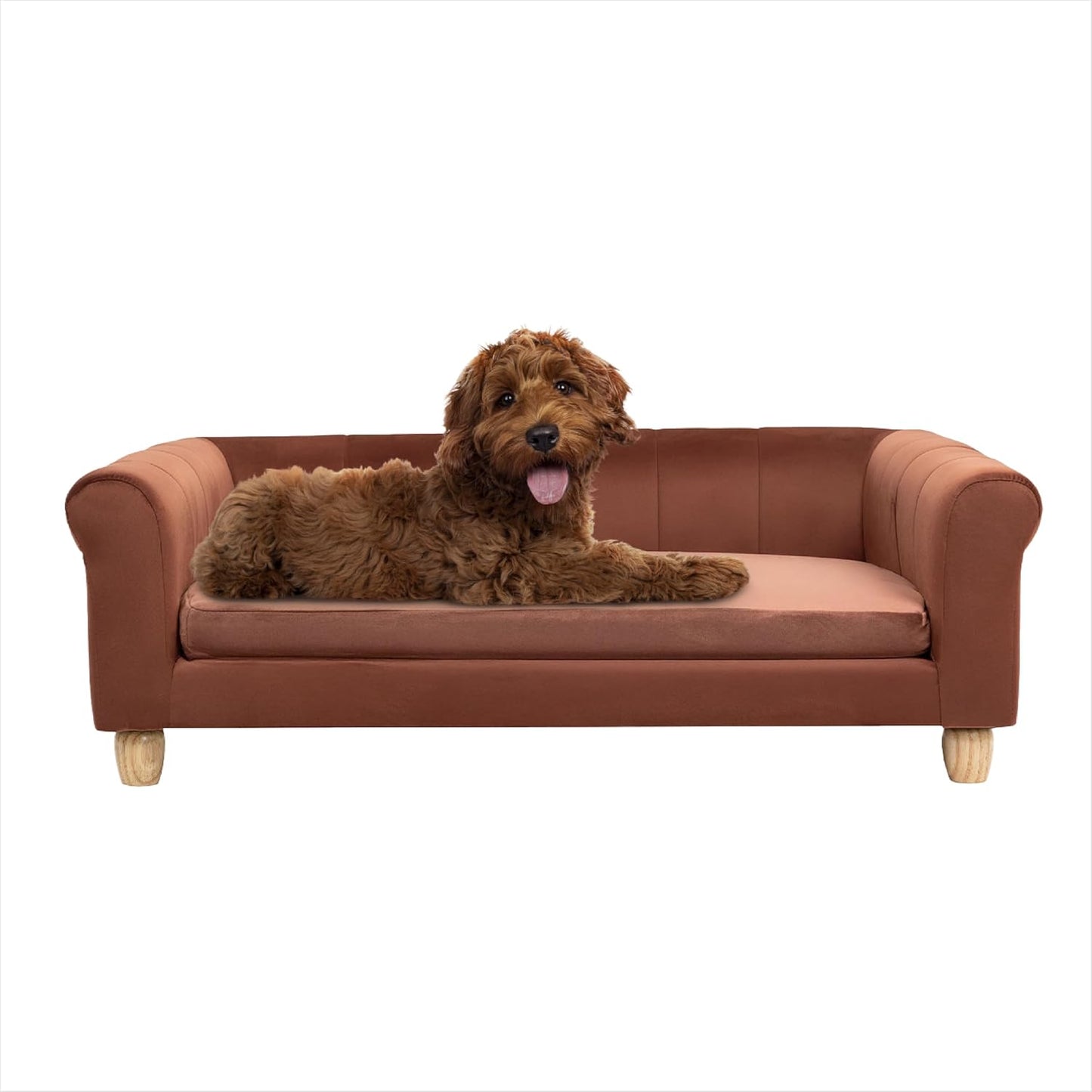 42-In. Elegant Brown Faux-Velvet Rectangular Dog Sofa for Medium and Large Dogs, Elevated Plush Dog Couch