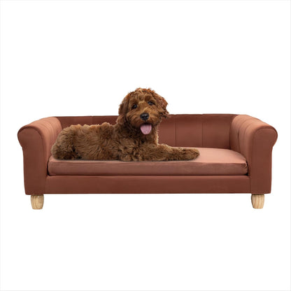 42-In. Elegant Brown Faux-Velvet Rectangular Dog Sofa for Medium and Large Dogs, Elevated Plush Dog Couch