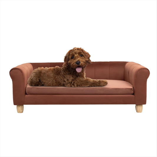 42-In. Elegant Brown Faux-Velvet Rectangular Dog Sofa for Medium and Large Dogs, Elevated Plush Dog Couch