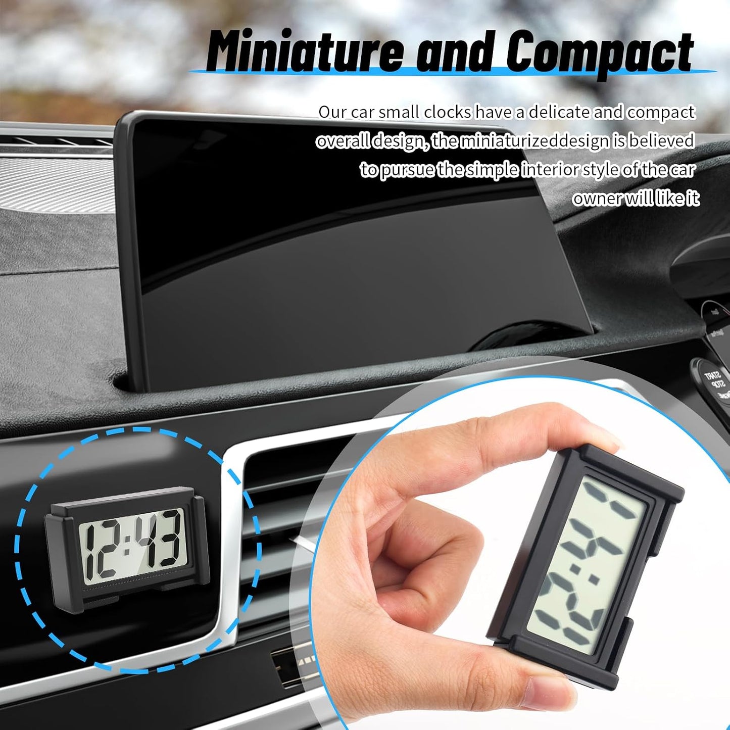 Car Small Digital Clock with Large Time & LCD Screen Design,Compact Automotive Mini Clocks Fits Car Air Vent & Dashboard Position,Stick on Cars Clock Cars Accessories