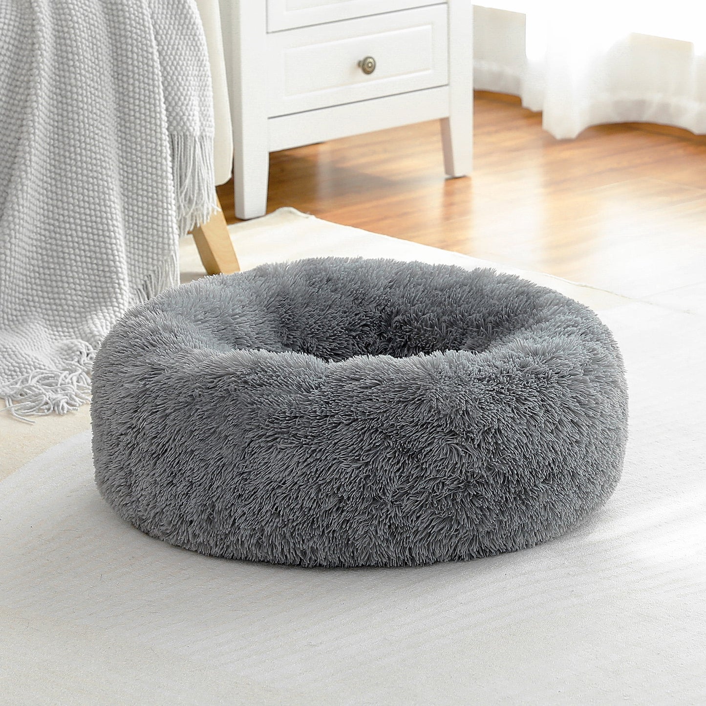 Calming Donut Dog Bed Anti-Anxiety Plush Pillow round Puppy Cat Bed 23" for Pets up to 25Lbs,Gray