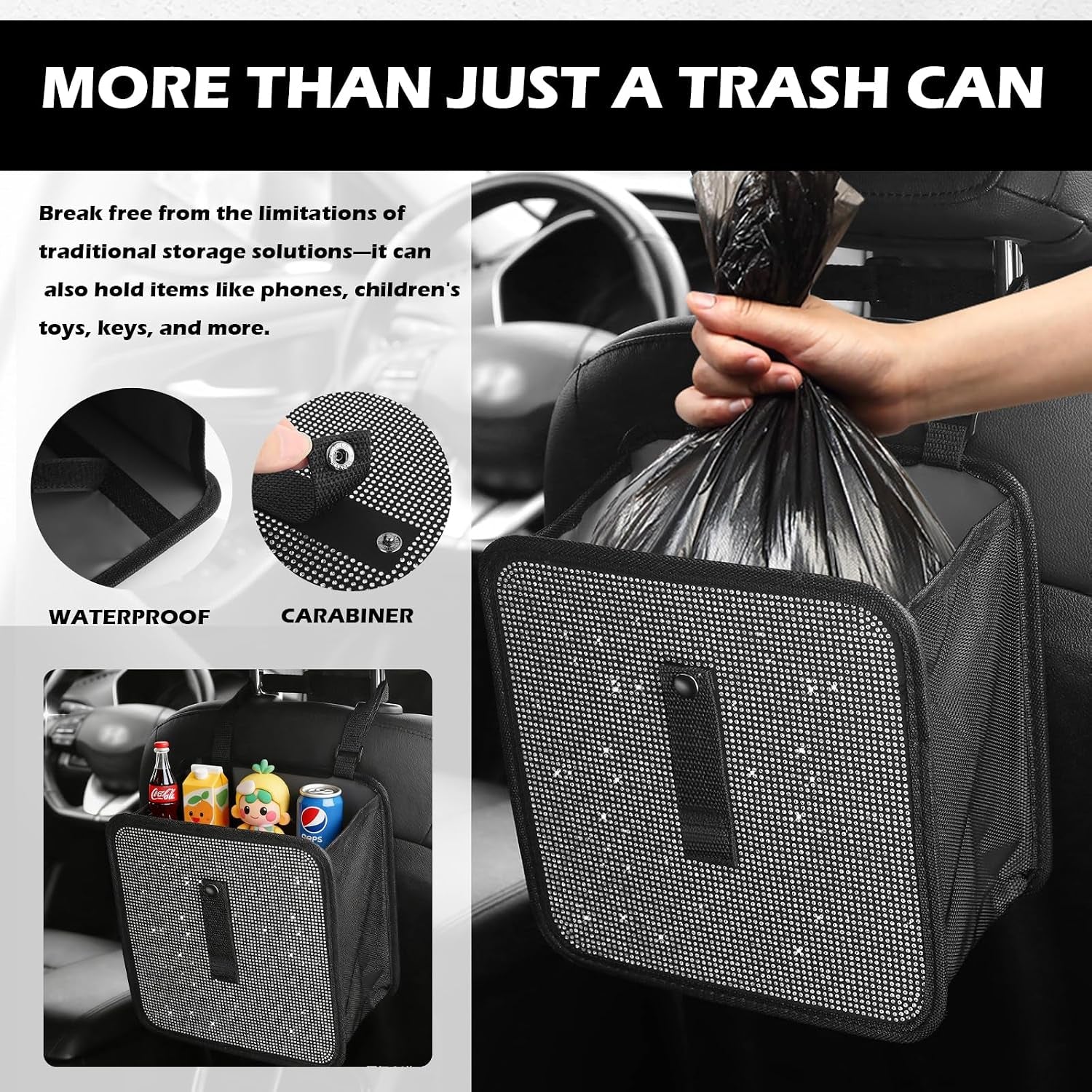 Foldable Rhinestone Car Trash Cans,Hanging Car Trash Bin as Stylish Decorations & Seat Organizer,Large Capacity Cars Garbage Can as Bling Cars Accessories for Women