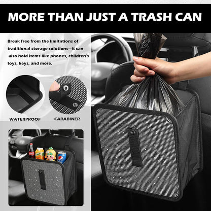 Foldable Rhinestone Car Trash Cans,Hanging Car Trash Bin as Stylish Decorations & Seat Organizer,Large Capacity Cars Garbage Can as Bling Cars Accessories for Women