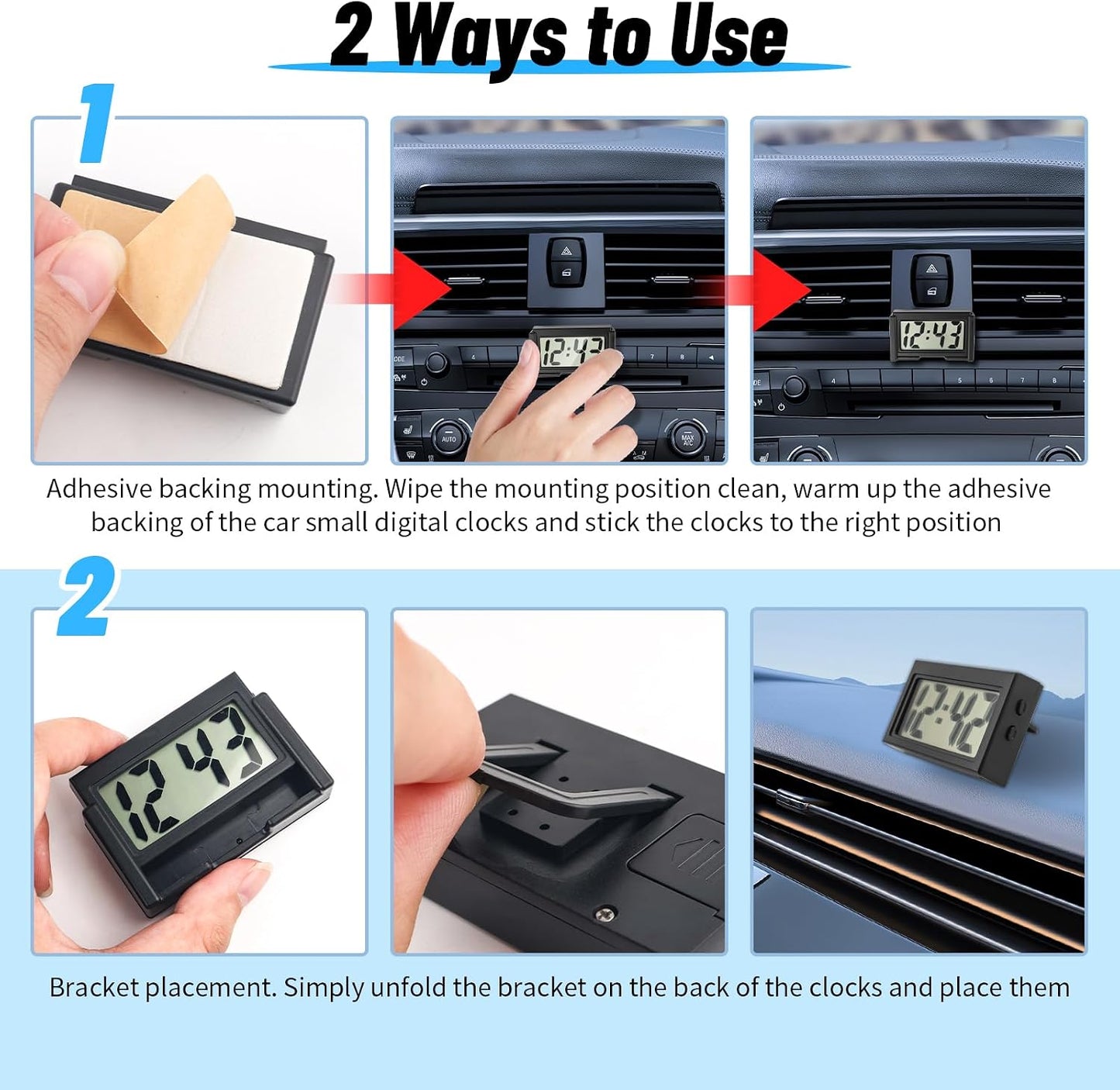 Car Small Digital Clock with Large Time & LCD Screen Design,Compact Automotive Mini Clocks Fits Car Air Vent & Dashboard Position,Stick on Cars Clock Cars Accessories