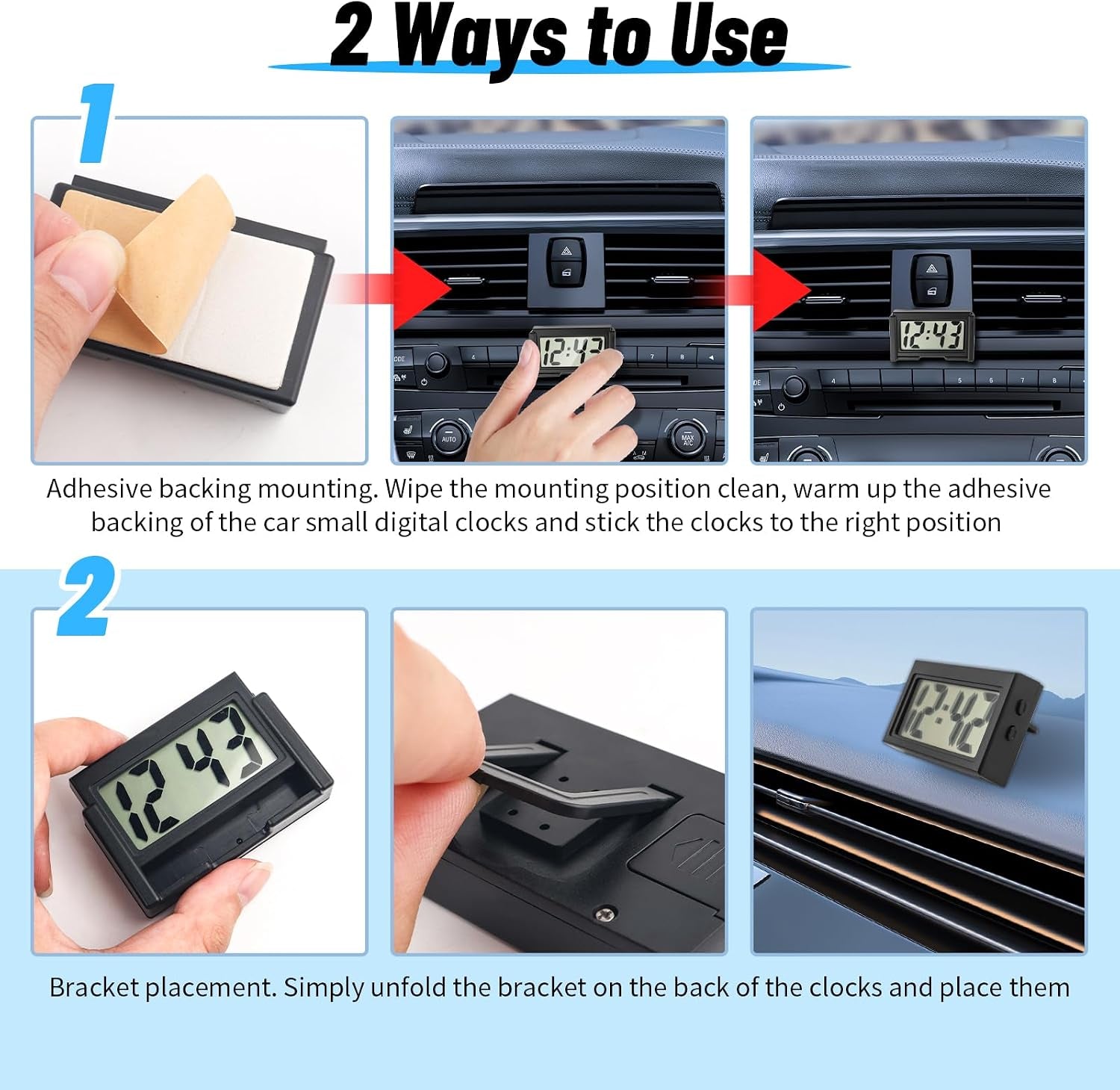 Car Small Digital Clock with Large Time & LCD Screen Design,Compact Automotive Mini Clocks Fits Car Air Vent & Dashboard Position,Stick on Cars Clock Cars Accessories
