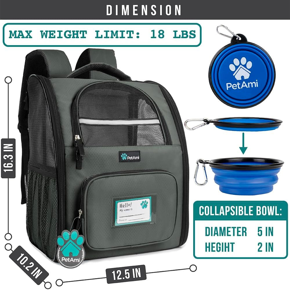 Dog Backpack Carrier for Small Large Cat, Pet, Puppy, Ventilated Pet Hiking Backpack Travel Bag, Airline Approved Cat Backpack Carrier, Camping Biking Dog Bag up to 18Lbs Pet, Dark Grey