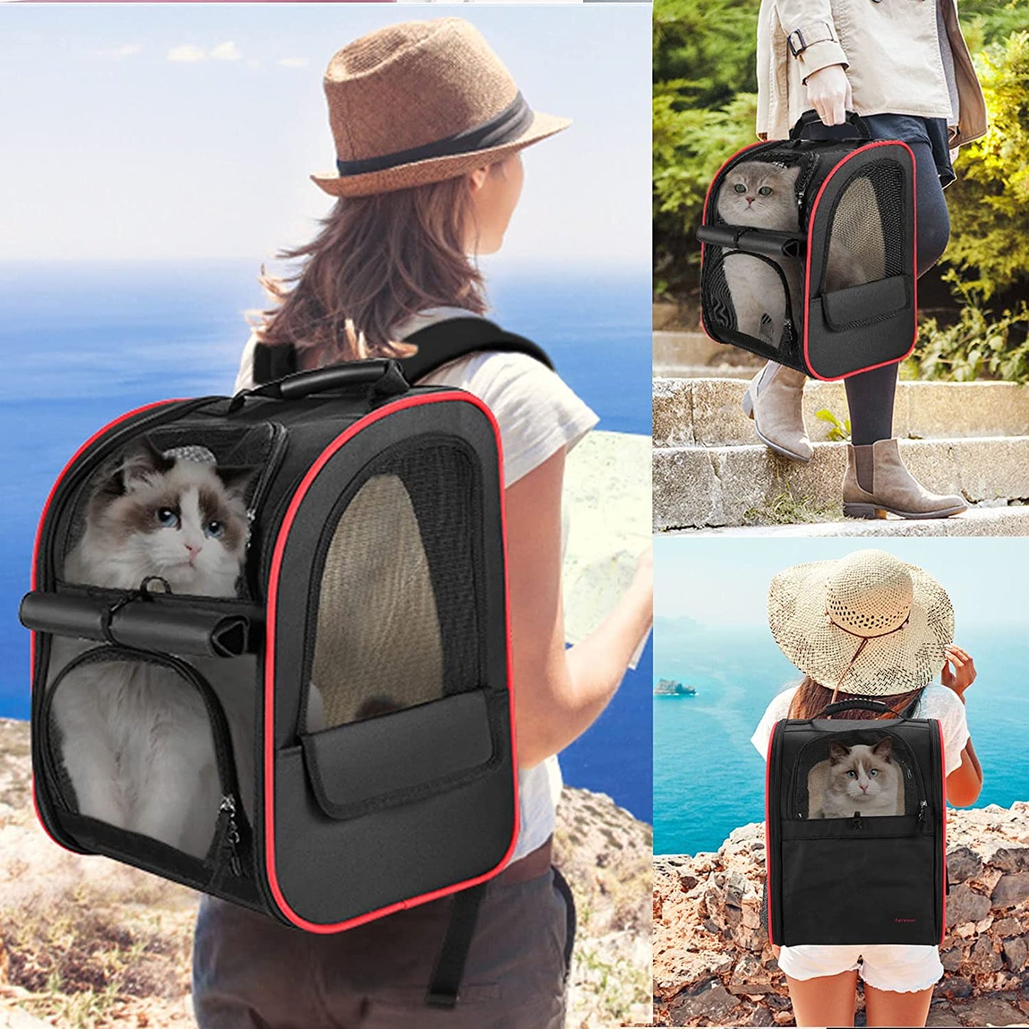 Cat Carrier Backpack,Expandable Cat Travel Carrier with Safety Strap and Zipper Buckle,Collapsible Pet Carrier Backpacks for Small Dog,Cat,Breathable Puppy Carrier Backpack for Hiking Camping Outdoor