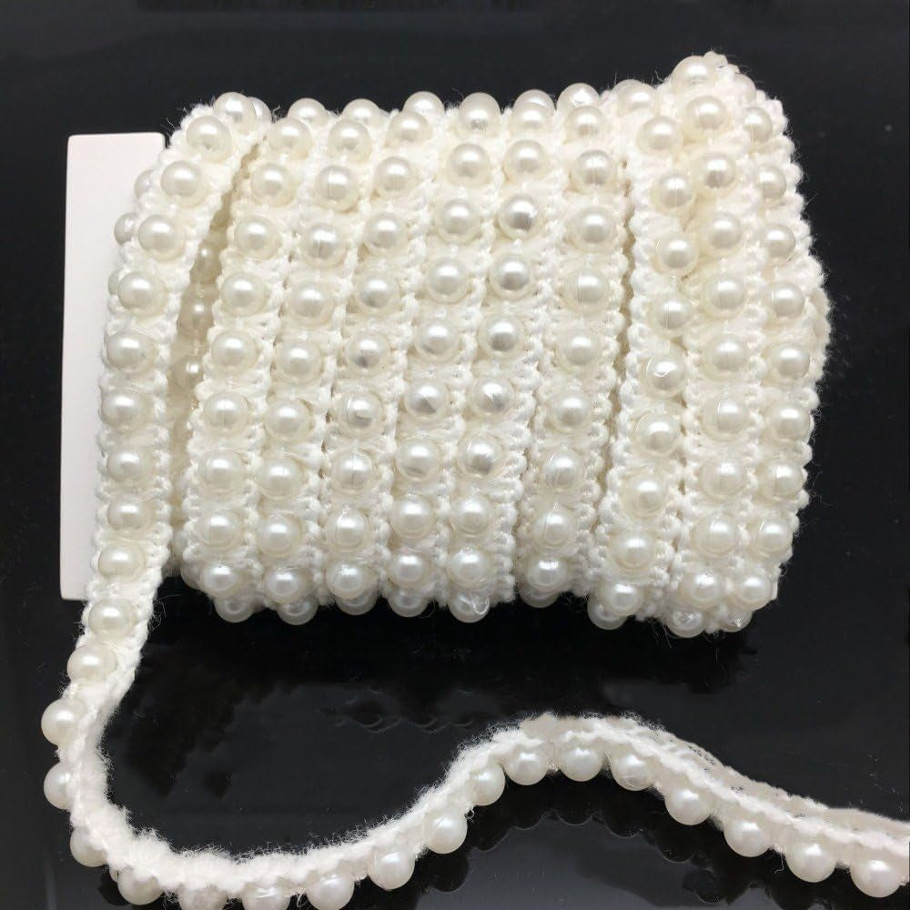 5 Yards Faux Pearls Lace Ribbon Applique Pearl Fringe for Wedding Party Decoration, Home Deco, Lamp Shade, Costume, Lvory.