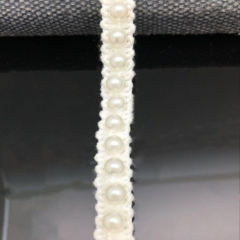 5 Yards Faux Pearls Lace Ribbon Applique Pearl Fringe for Wedding Party Decoration, Home Deco, Lamp Shade, Costume, Lvory.