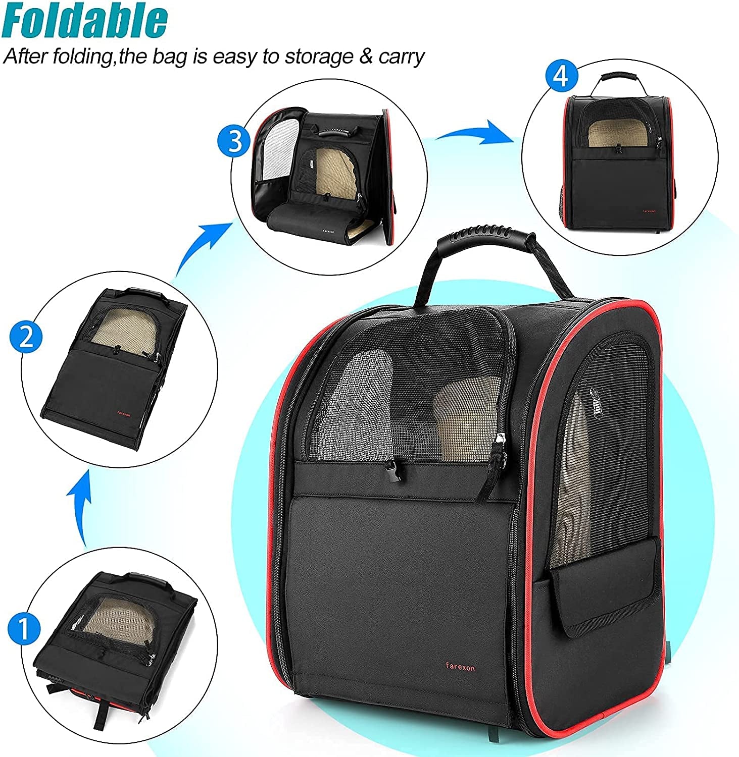 Cat Carrier Backpack,Expandable Cat Travel Carrier with Safety Strap and Zipper Buckle,Collapsible Pet Carrier Backpacks for Small Dog,Cat,Breathable Puppy Carrier Backpack for Hiking Camping Outdoor