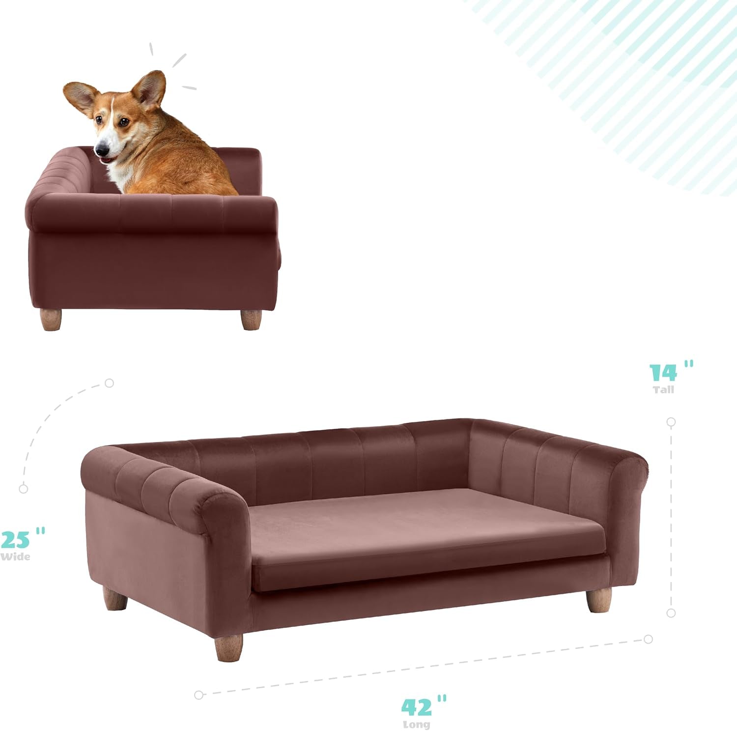 42-In. Elegant Brown Faux-Velvet Rectangular Dog Sofa for Medium and Large Dogs, Elevated Plush Dog Couch