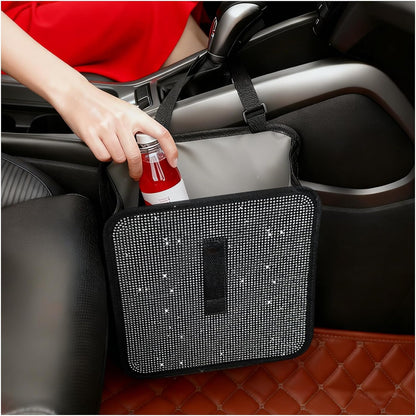 Foldable Rhinestone Car Trash Cans,Hanging Car Trash Bin as Stylish Decorations & Seat Organizer,Large Capacity Cars Garbage Can as Bling Cars Accessories for Women