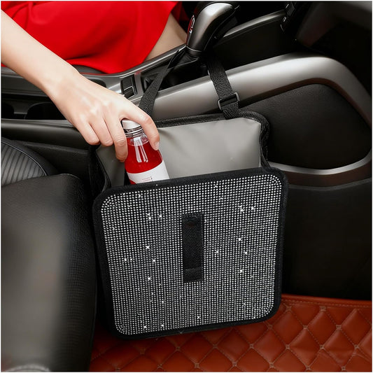 Foldable Rhinestone Car Trash Cans,Hanging Car Trash Bin as Stylish Decorations & Seat Organizer,Large Capacity Cars Garbage Can as Bling Cars Accessories for Women