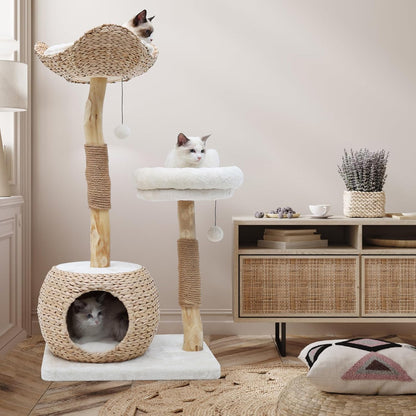 Cat Tree Tower for Indoor Cats, Modern Real Wood Cat Condo with Scratching Post, Jumping Platforms, Hanging Toy Ball for Multi-Cat Households