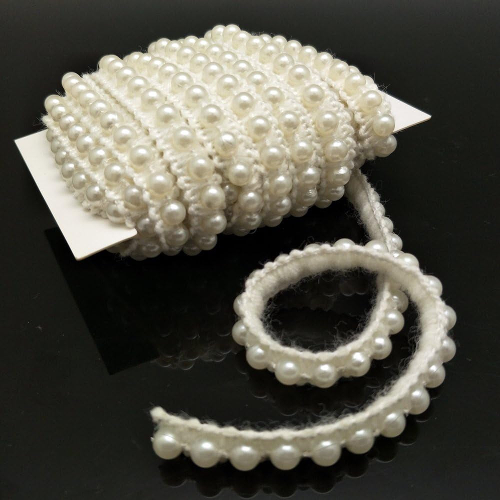 5 Yards Faux Pearls Lace Ribbon Applique Pearl Fringe for Wedding Party Decoration, Home Deco, Lamp Shade, Costume, Lvory.