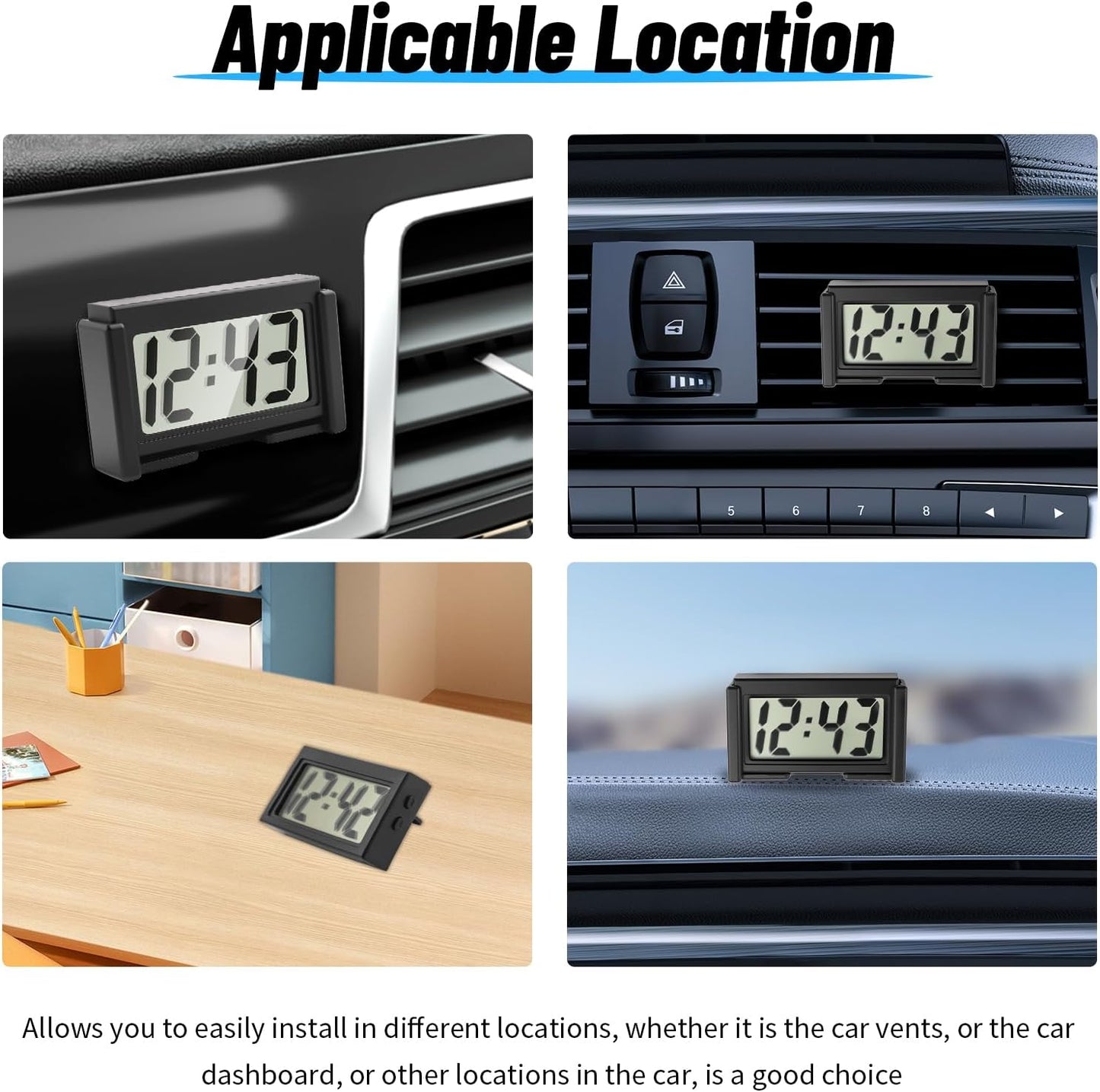 Car Small Digital Clock with Large Time & LCD Screen Design,Compact Automotive Mini Clocks Fits Car Air Vent & Dashboard Position,Stick on Cars Clock Cars Accessories