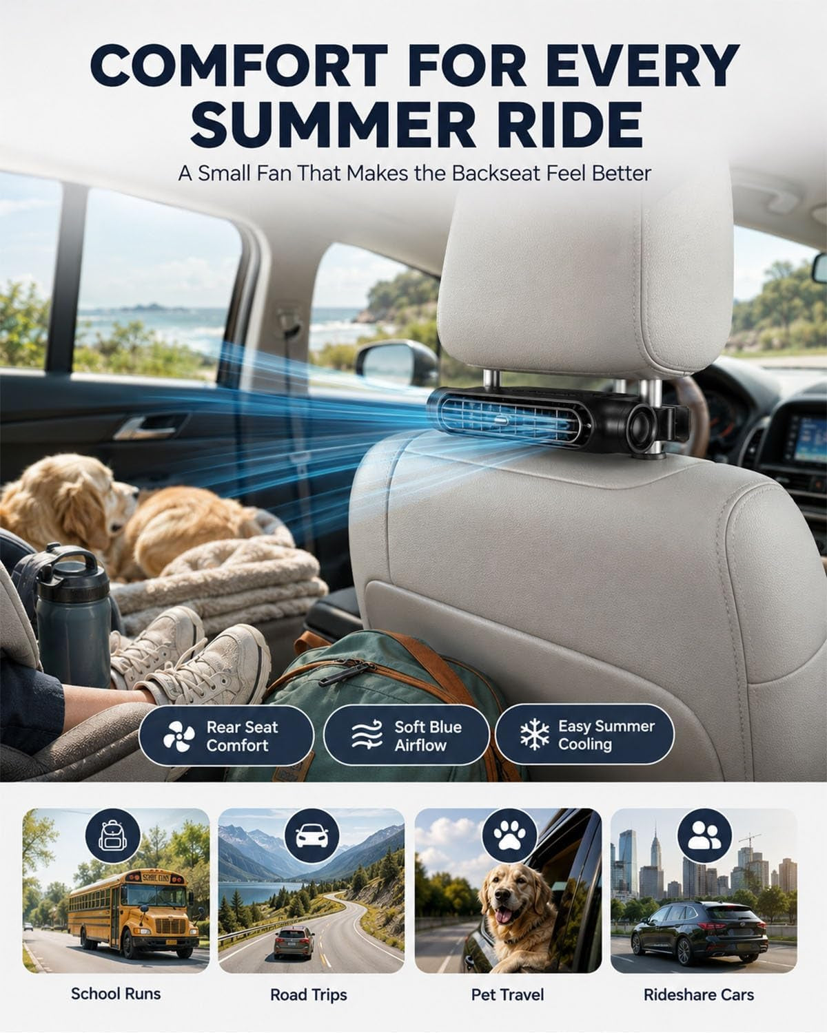 Car Seat Ac Fan for Drive & Backseat for Kids Portable Carseat Cooling Fans Rear Facing Mini Back Seat Headrest Quiet Neck Fan with 3 Adjustable Wind Speeds for All Cars Accessories Vehicle