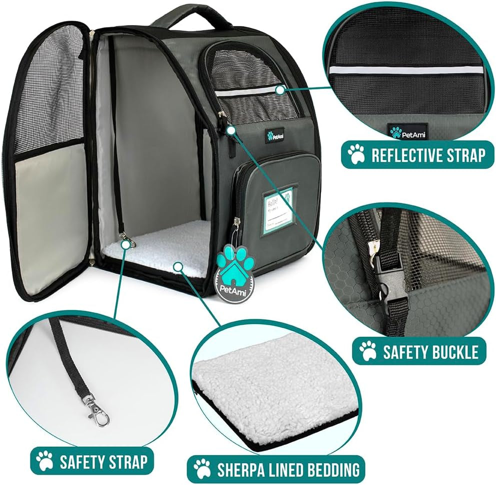 Dog Backpack Carrier for Small Large Cat, Pet, Puppy, Ventilated Pet Hiking Backpack Travel Bag, Airline Approved Cat Backpack Carrier, Camping Biking Dog Bag up to 18Lbs Pet, Dark Grey