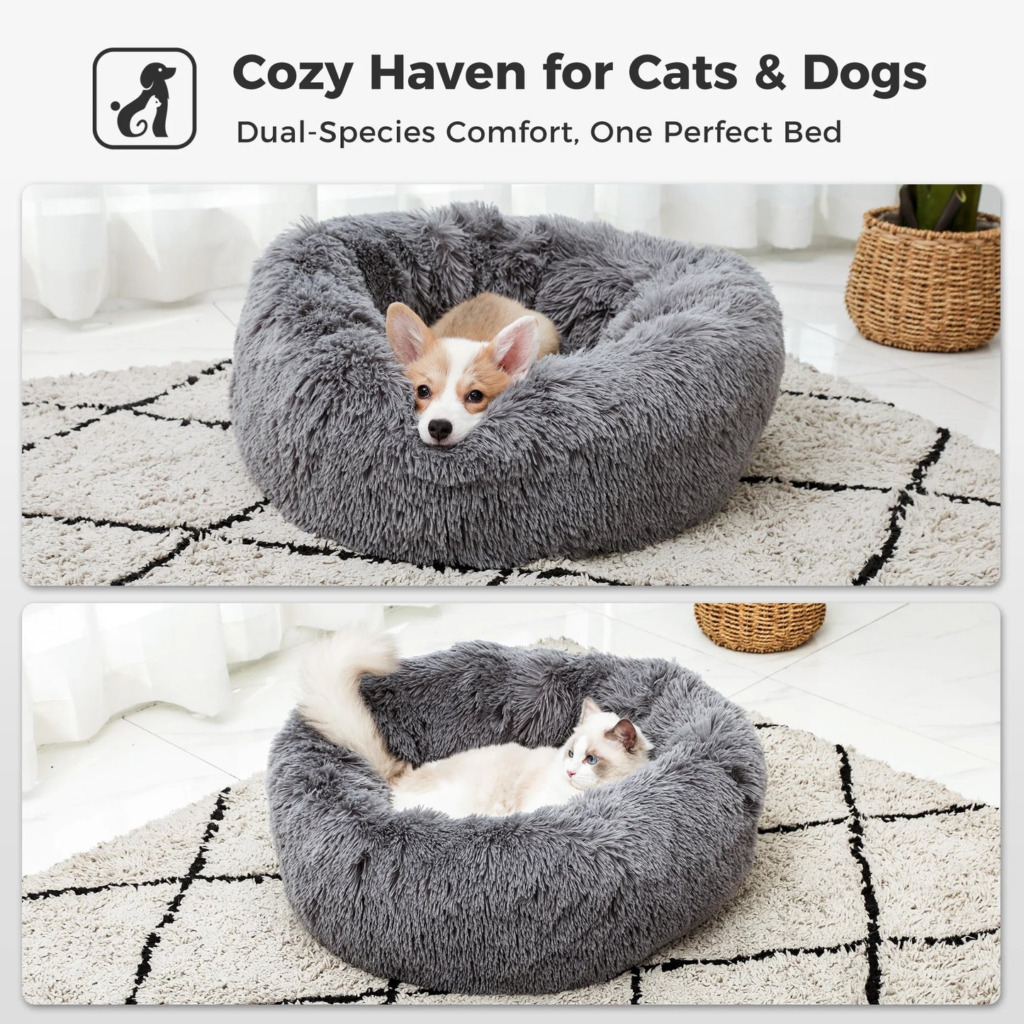 Calming Donut Dog Bed Anti-Anxiety Plush Pillow round Puppy Cat Bed 23" for Pets up to 25Lbs,Gray