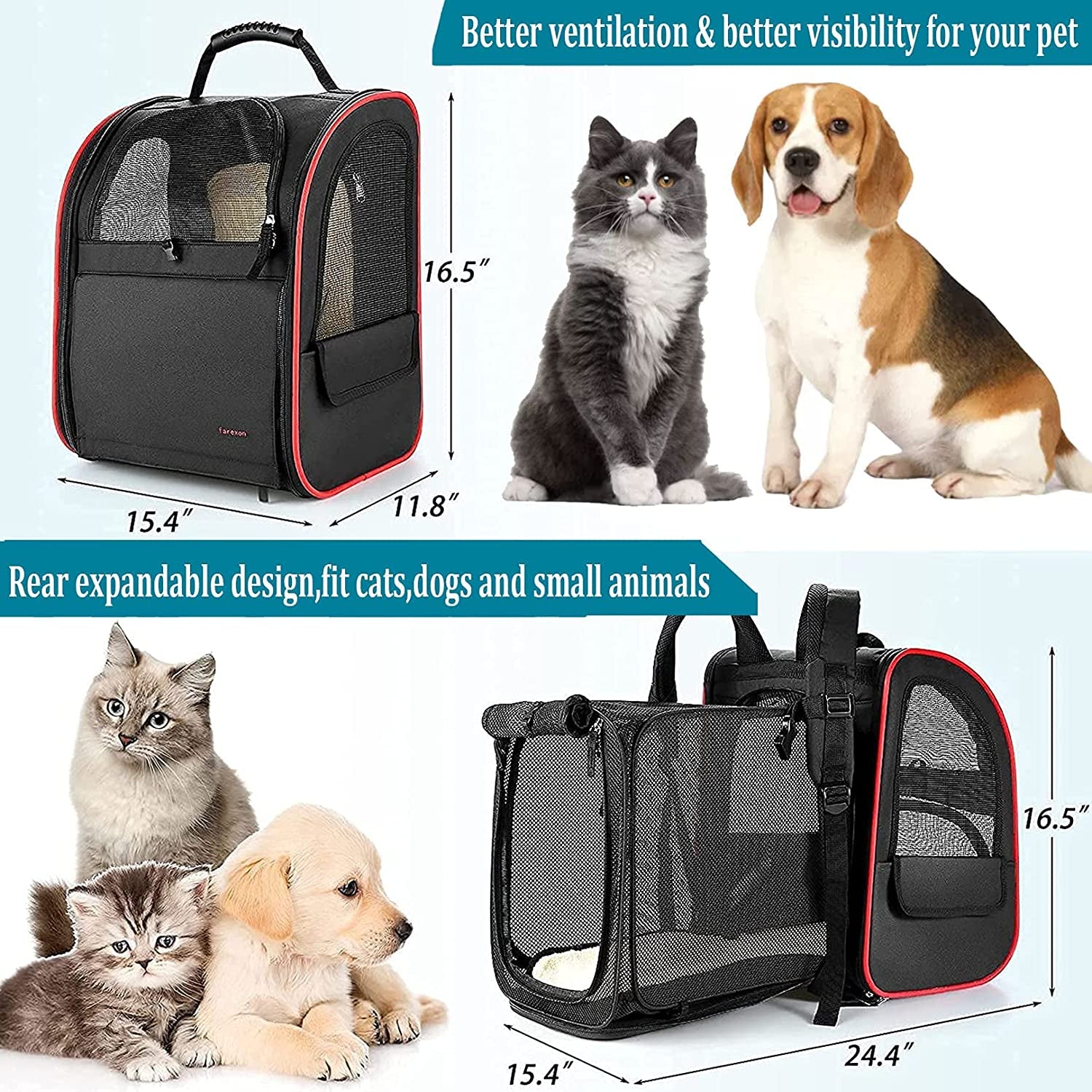 Cat Carrier Backpack,Expandable Cat Travel Carrier with Safety Strap and Zipper Buckle,Collapsible Pet Carrier Backpacks for Small Dog,Cat,Breathable Puppy Carrier Backpack for Hiking Camping Outdoor