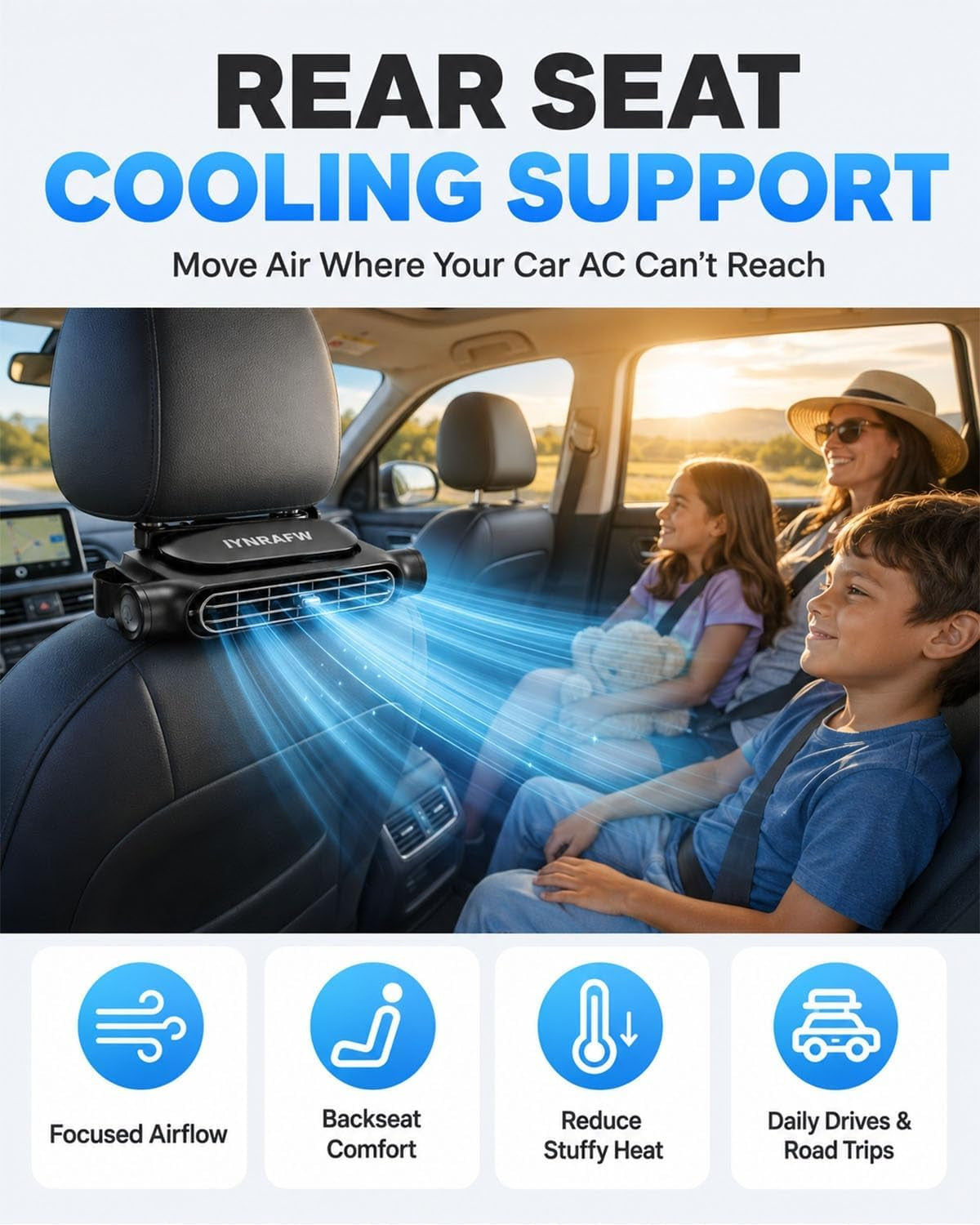 Car Seat Ac Fan for Drive & Backseat for Kids Portable Carseat Cooling Fans Rear Facing Mini Back Seat Headrest Quiet Neck Fan with 3 Adjustable Wind Speeds for All Cars Accessories Vehicle