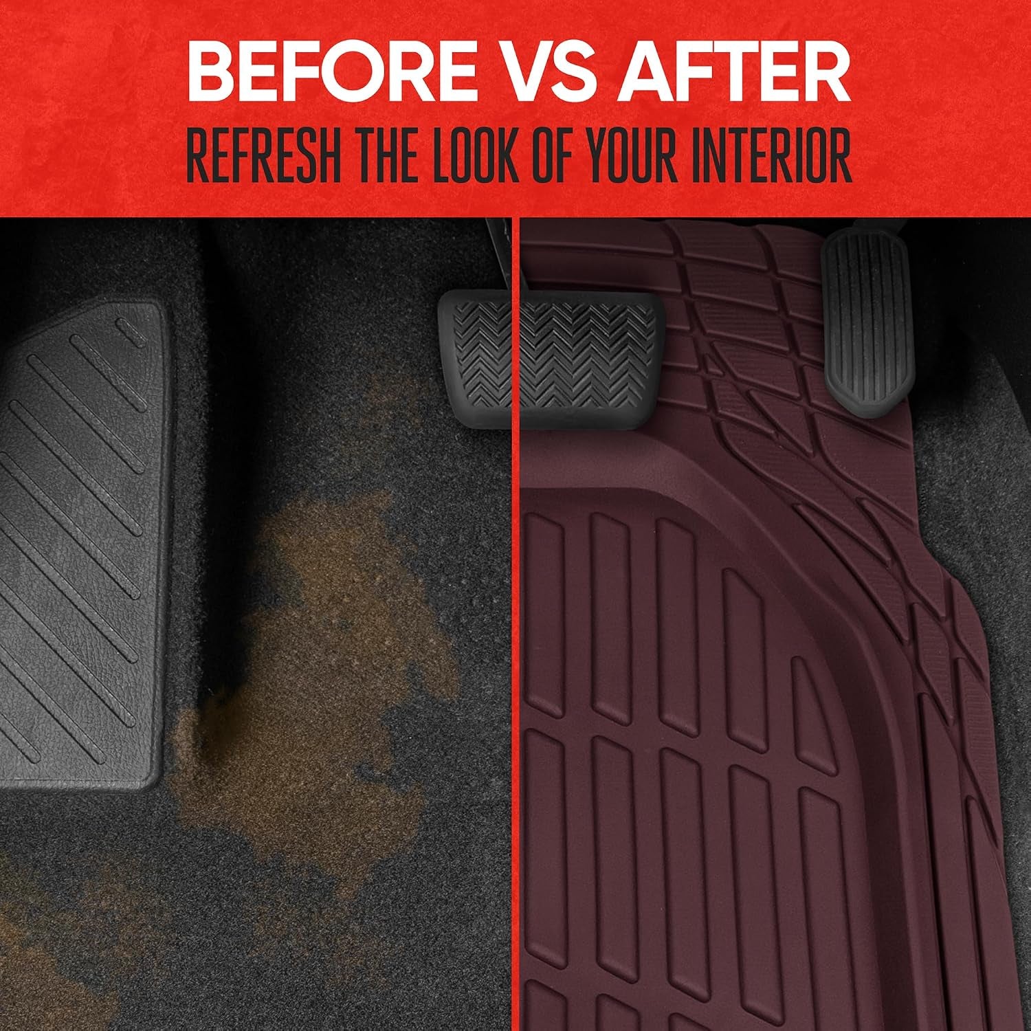 Flextough Floor Mats for Cars, Burgundy Deep Dish All-Weather Car Mats, Waterproof Trim-To Fit Automotive Cars Trucks SUV, Universal Liner Accessories