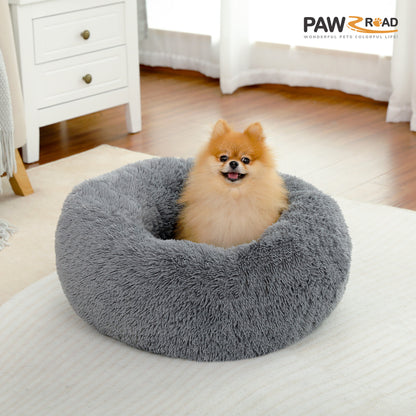 Calming Donut Dog Bed Anti-Anxiety Plush Pillow round Puppy Cat Bed 23" for Pets up to 25Lbs,Gray