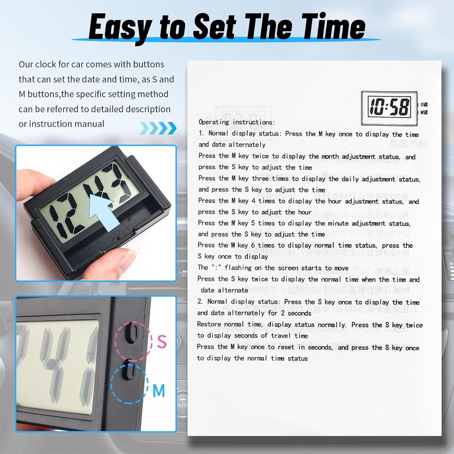 Car Small Digital Clock with Large Time & LCD Screen Design,Compact Automotive Mini Clocks Fits Car Air Vent & Dashboard Position,Stick on Cars Clock Cars Accessories