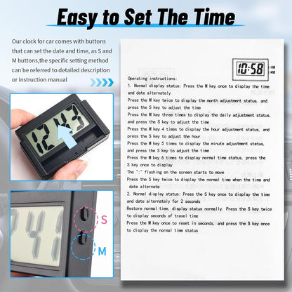 Car Small Digital Clock with Large Time & LCD Screen Design,Compact Automotive Mini Clocks Fits Car Air Vent & Dashboard Position,Stick on Cars Clock Cars Accessories