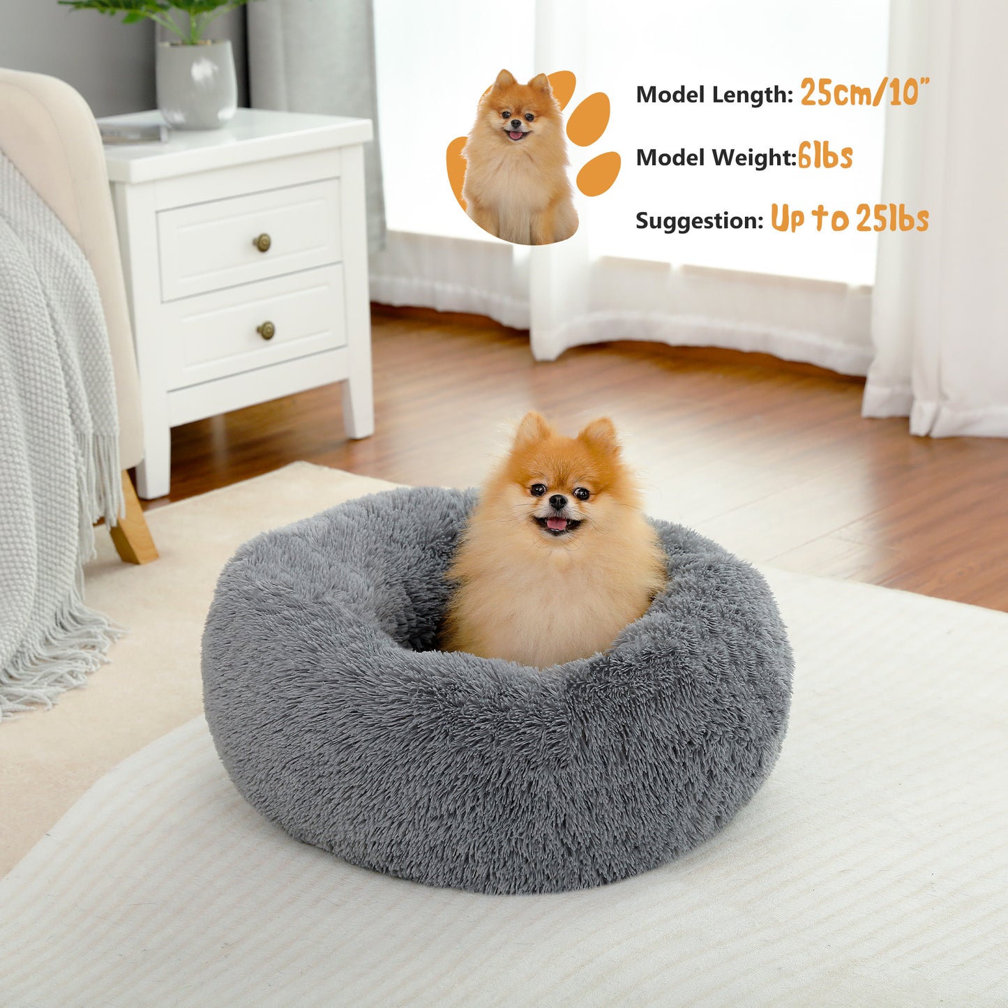 Calming Donut Dog Bed Anti-Anxiety Plush Pillow round Puppy Cat Bed 23" for Pets up to 25Lbs,Gray