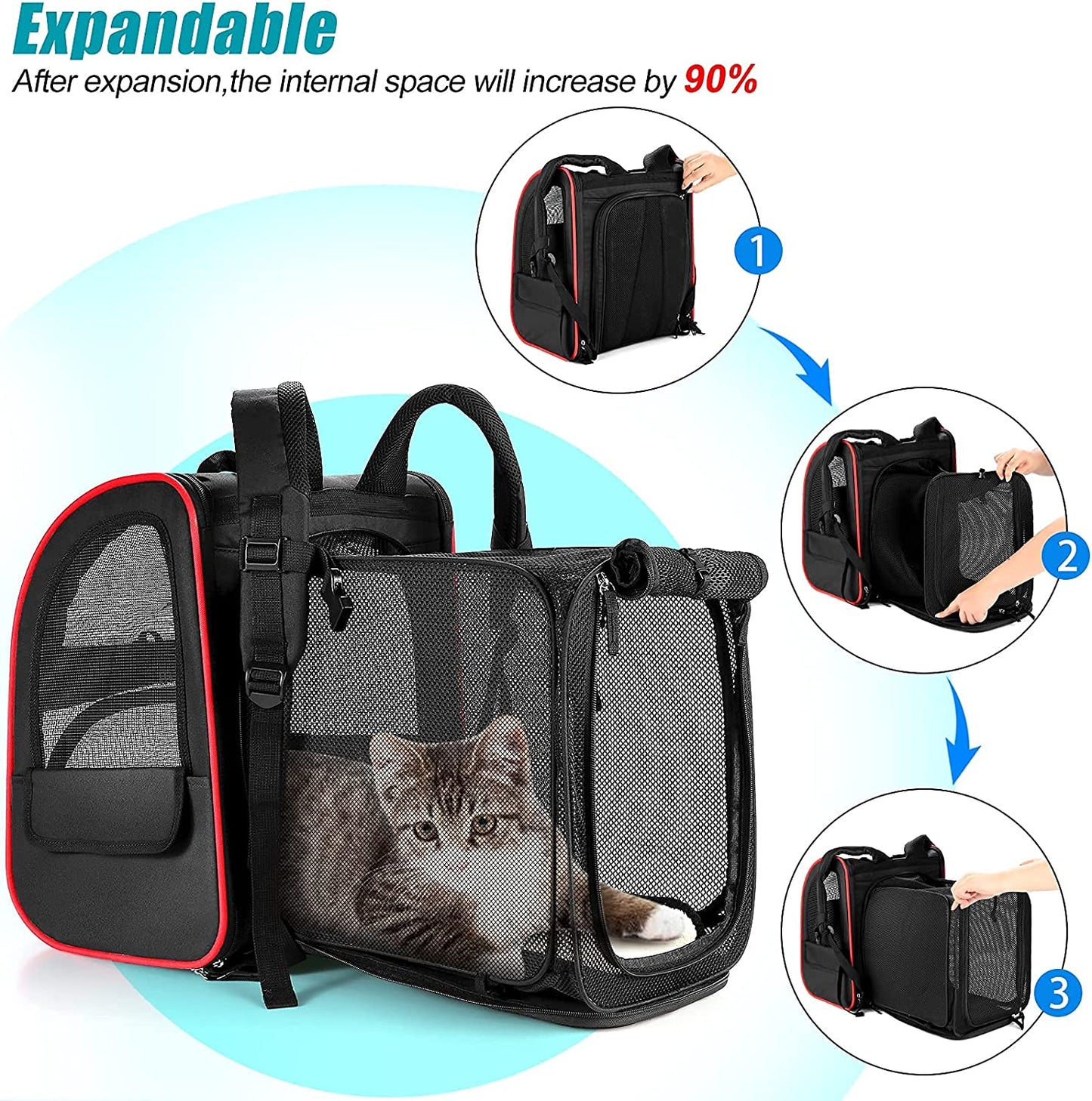Cat Carrier Backpack,Expandable Cat Travel Carrier with Safety Strap and Zipper Buckle,Collapsible Pet Carrier Backpacks for Small Dog,Cat,Breathable Puppy Carrier Backpack for Hiking Camping Outdoor
