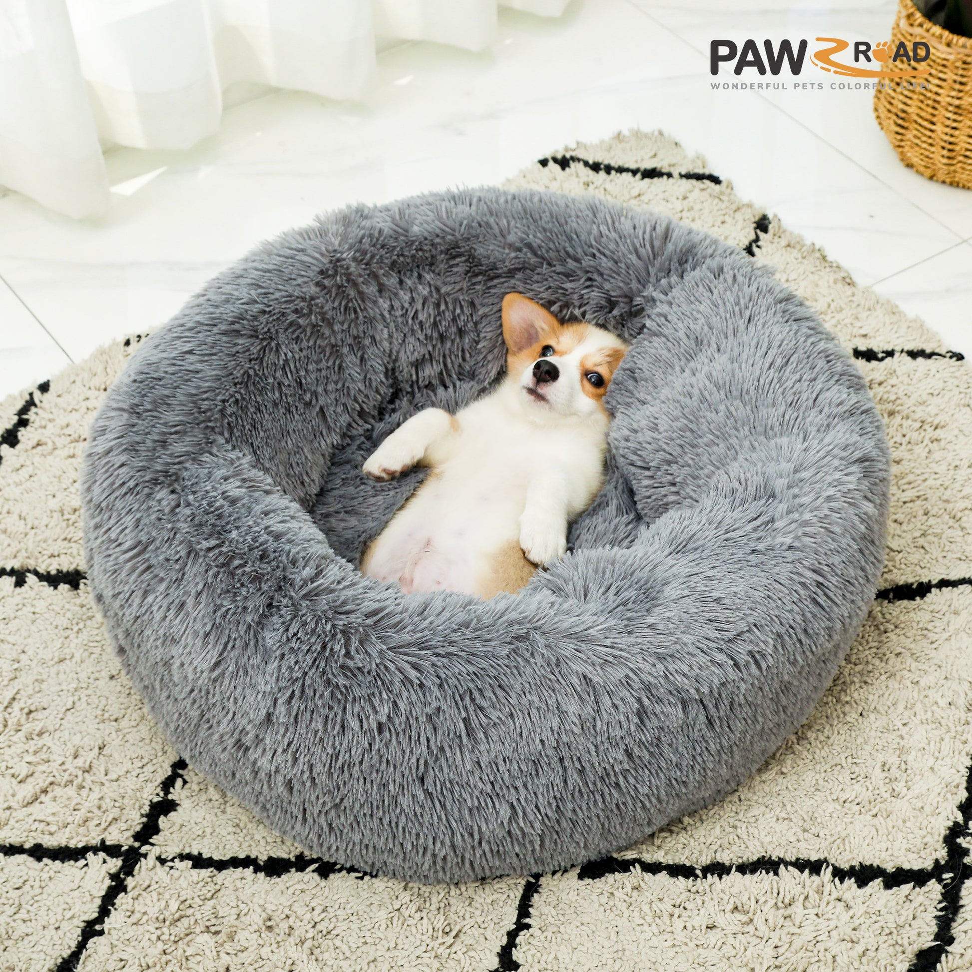 Calming Donut Dog Bed Anti-Anxiety Plush Pillow round Puppy Cat Bed 23" for Pets up to 25Lbs,Gray