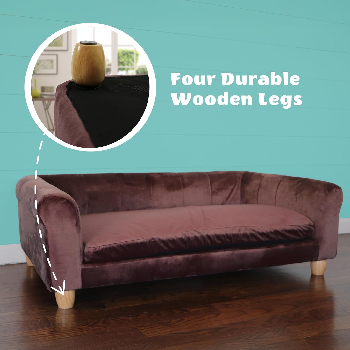 42-In. Elegant Brown Faux-Velvet Rectangular Dog Sofa for Medium and Large Dogs, Elevated Plush Dog Couch