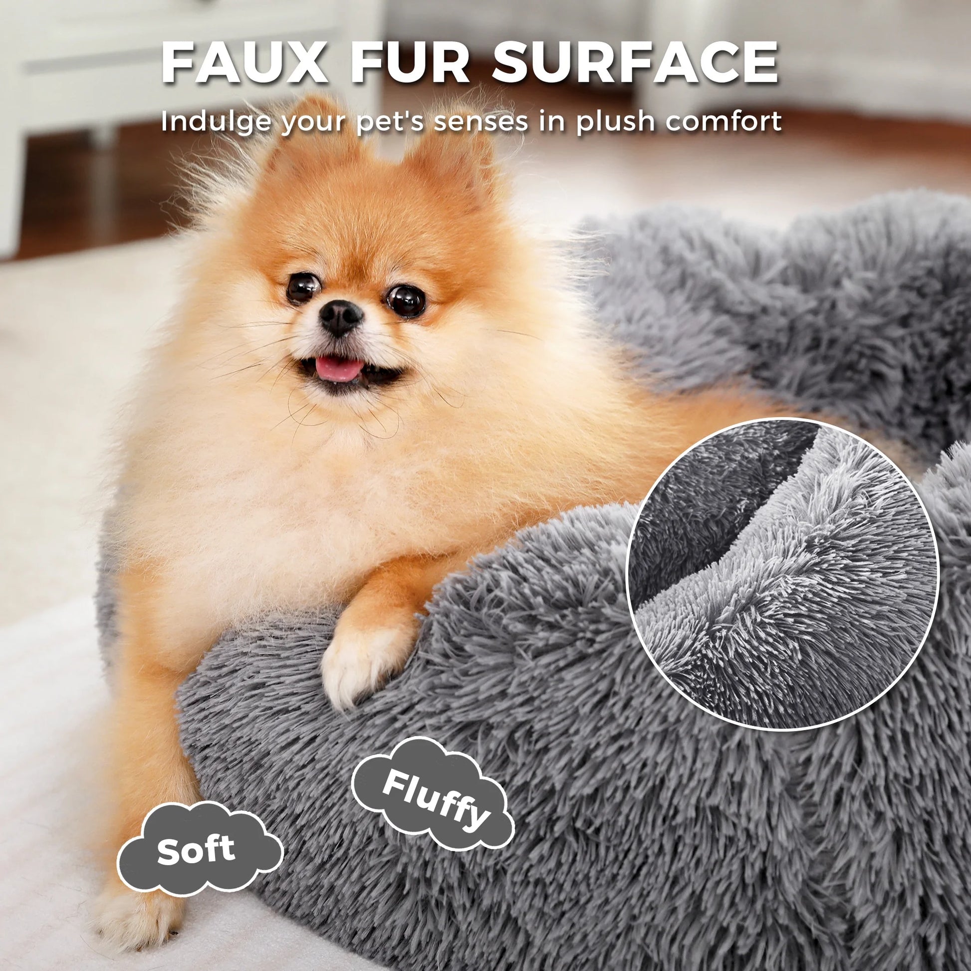 Calming Donut Dog Bed Anti-Anxiety Plush Pillow round Puppy Cat Bed 23" for Pets up to 25Lbs,Gray