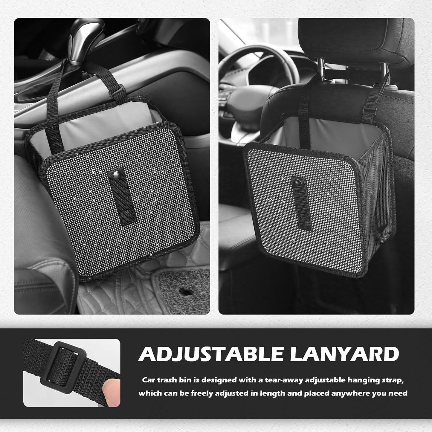 Foldable Rhinestone Car Trash Cans,Hanging Car Trash Bin as Stylish Decorations & Seat Organizer,Large Capacity Cars Garbage Can as Bling Cars Accessories for Women