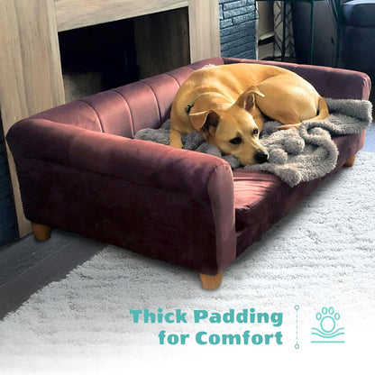 42-In. Elegant Brown Faux-Velvet Rectangular Dog Sofa for Medium and Large Dogs, Elevated Plush Dog Couch