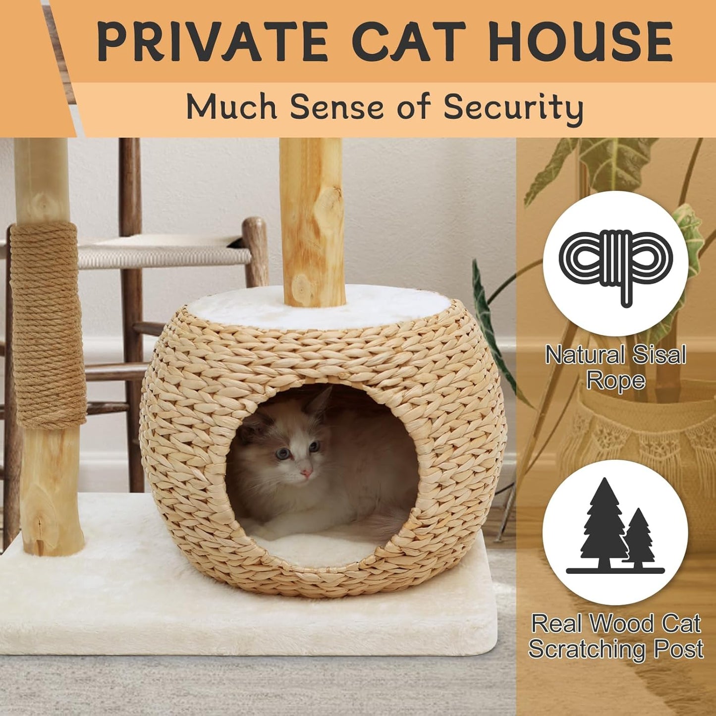 Cat Tree Tower for Indoor Cats, Modern Real Wood Cat Condo with Scratching Post, Jumping Platforms, Hanging Toy Ball for Multi-Cat Households