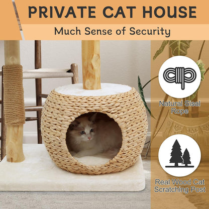 Cat Tree Tower for Indoor Cats, Modern Real Wood Cat Condo with Scratching Post, Jumping Platforms, Hanging Toy Ball for Multi-Cat Households