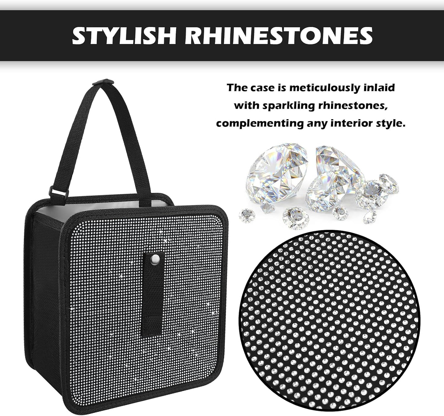 Foldable Rhinestone Car Trash Cans,Hanging Car Trash Bin as Stylish Decorations & Seat Organizer,Large Capacity Cars Garbage Can as Bling Cars Accessories for Women