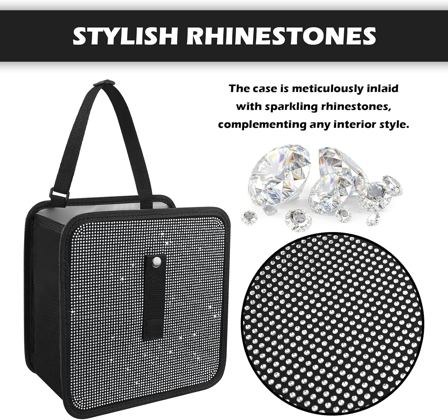 Foldable Rhinestone Car Trash Cans,Hanging Car Trash Bin as Stylish Decorations & Seat Organizer,Large Capacity Cars Garbage Can as Bling Cars Accessories for Women