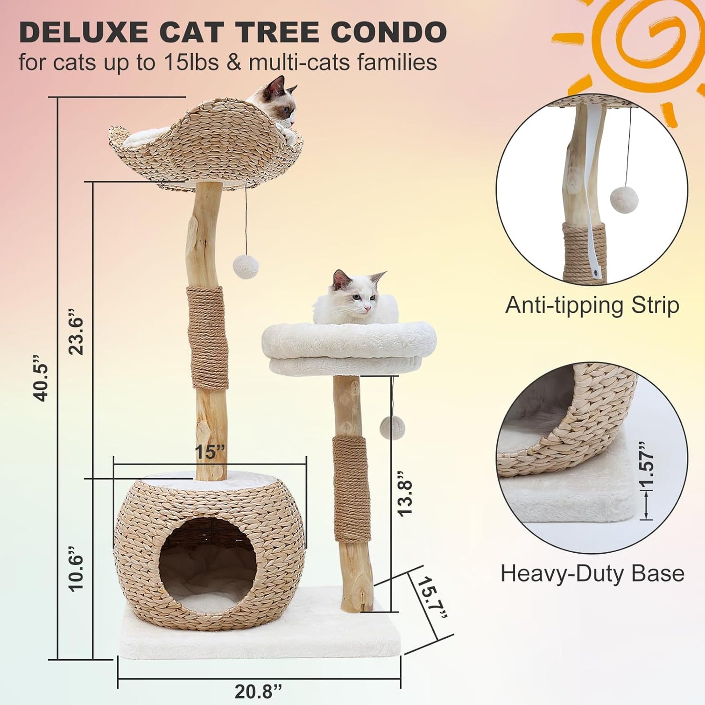 Cat Tree Tower for Indoor Cats, Modern Real Wood Cat Condo with Scratching Post, Jumping Platforms, Hanging Toy Ball for Multi-Cat Households