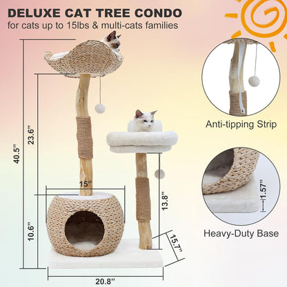 Cat Tree Tower for Indoor Cats, Modern Real Wood Cat Condo with Scratching Post, Jumping Platforms, Hanging Toy Ball for Multi-Cat Households
