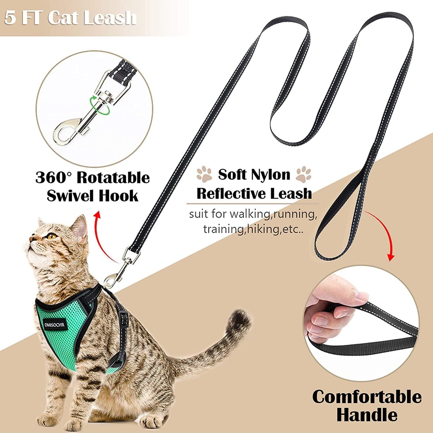 Cat Harness and Leash Set - Escape Proof Cat Vest Harness for Walking Outdoor - Reflective Adjustable Soft Mesh Breathable Body Pet Harness Easy Control for Small Medium Large Cats, Puppy