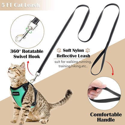 Cat Harness and Leash Set - Escape Proof Cat Vest Harness for Walking Outdoor - Reflective Adjustable Soft Mesh Breathable Body Pet Harness Easy Control for Small Medium Large Cats, Puppy