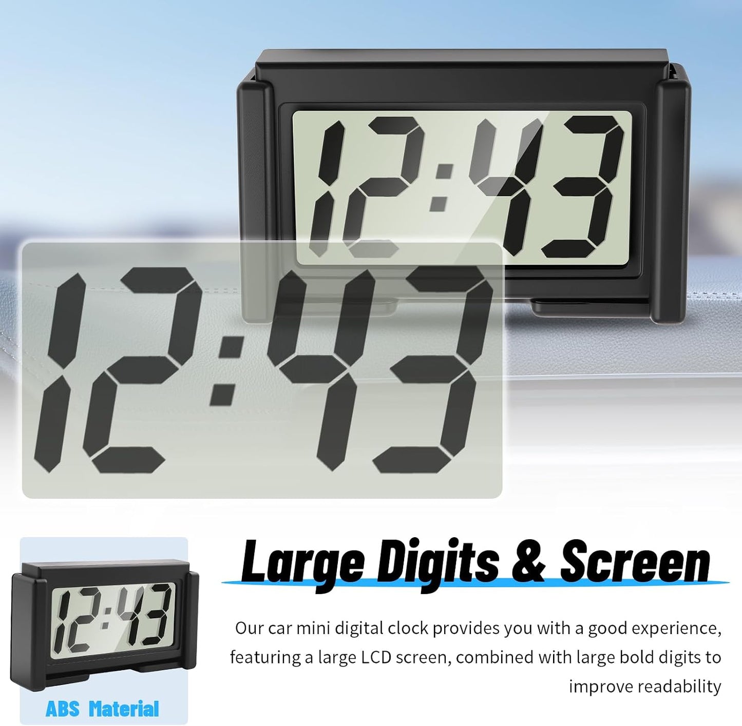 Car Small Digital Clock with Large Time & LCD Screen Design,Compact Automotive Mini Clocks Fits Car Air Vent & Dashboard Position,Stick on Cars Clock Cars Accessories
