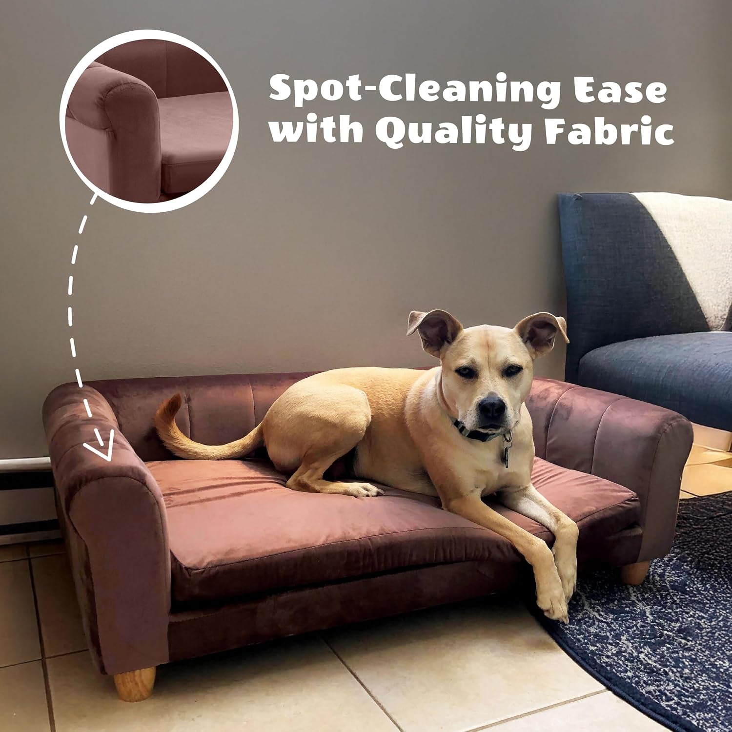 42-In. Elegant Brown Faux-Velvet Rectangular Dog Sofa for Medium and Large Dogs, Elevated Plush Dog Couch