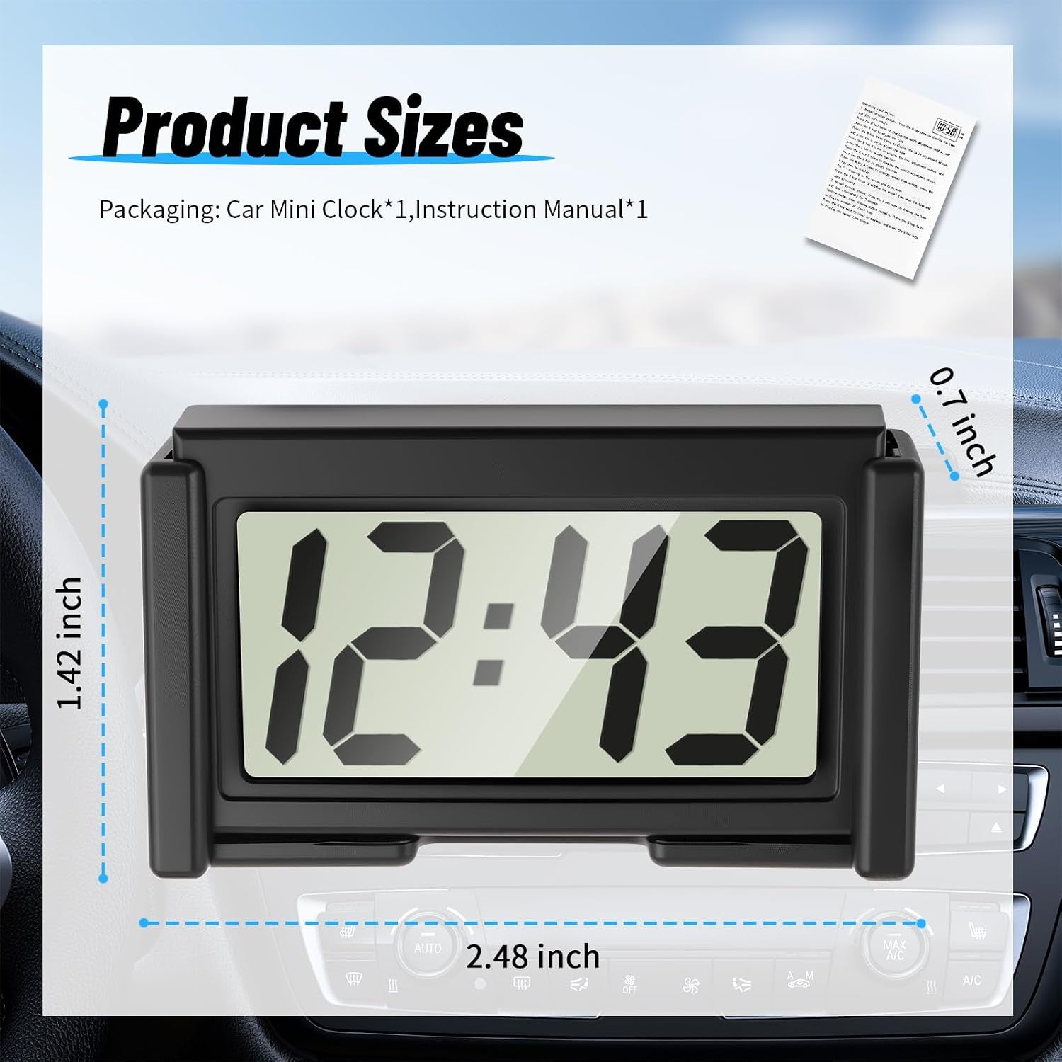 Car Small Digital Clock with Large Time & LCD Screen Design,Compact Automotive Mini Clocks Fits Car Air Vent & Dashboard Position,Stick on Cars Clock Cars Accessories